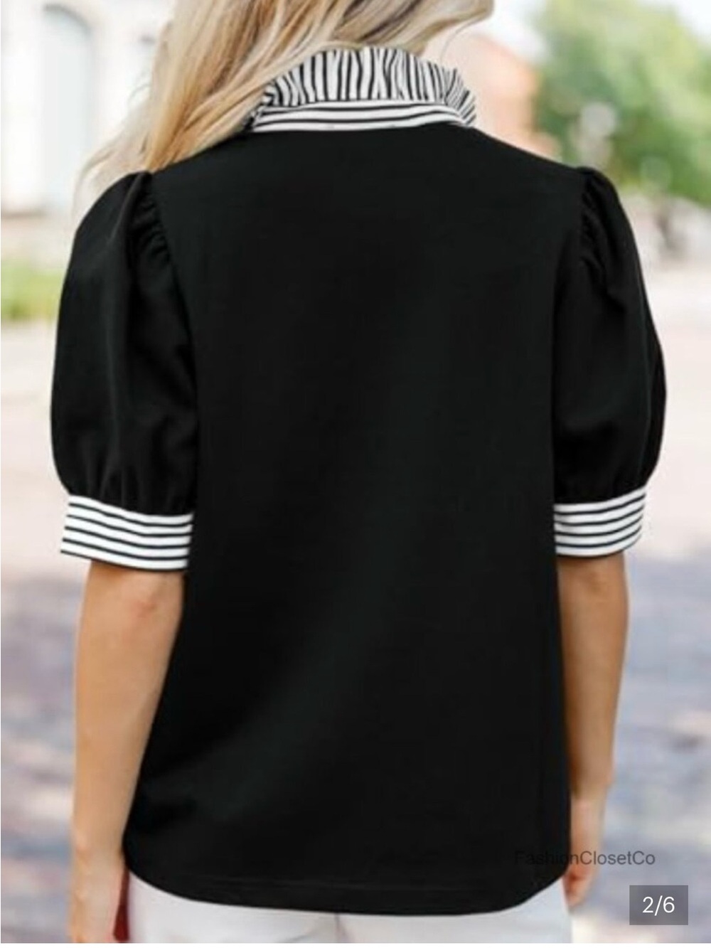 entro Black Polo Shirt with Striped Collar and Cuffed Puff Sleeves - Picture 2 of 5